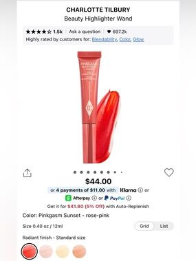 NIB Charlotte Tilbury Beauty Light Wand Easy Highlight Blush in Pinkgasm Sunset